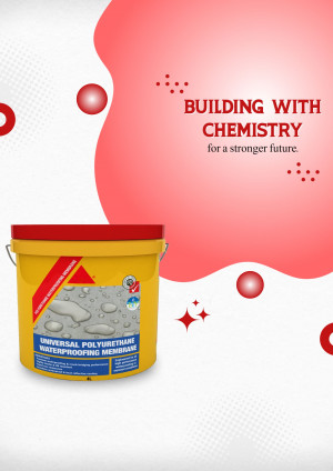 Bucket of Universal Polyurethane Waterproofing Membrane with red abstract background