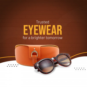 Eyewear advertisement featuring sunglasses and a leather case