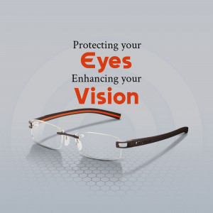 Rimless glasses on a reflective surface with text promoting eye protection and vision enhancement.