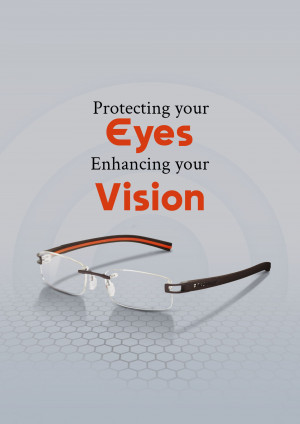 Rimless eyeglasses on a reflective surface with text promoting eye protection and vision enhancement.