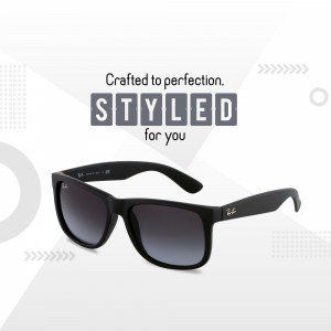 Black Ray-Ban sunglasses on a white background with abstract design elements.