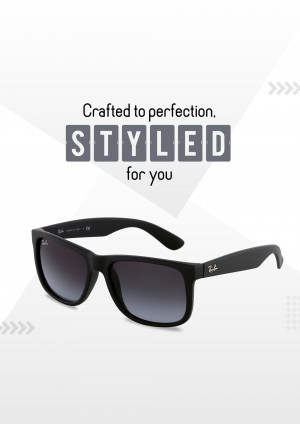 Black Ray-Ban sunglasses on a white and gray background with text 'Crafted to perfection. Styled for you'.