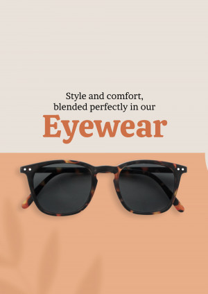 Close-up of a pair of tortoise shell framed sunglasses on a peach background with text promoting eyewear.