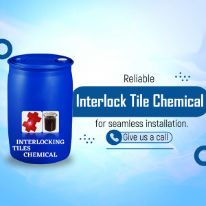 Blue plastic drum with Interlock Tile Chemical branding and contact information.
