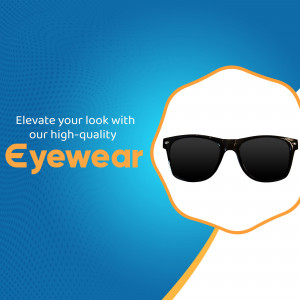 Close-up of black sunglasses on a blue and orange background with text promoting eyewear.