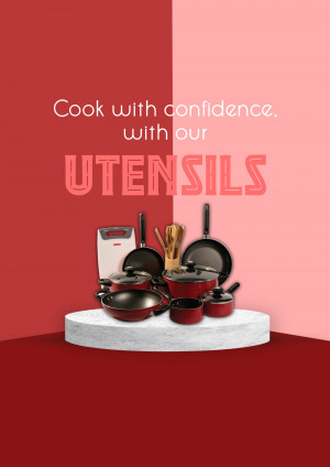Red and gray cookware set displayed on a white platform with text 'Cook with confidence. with our UTENSILS'