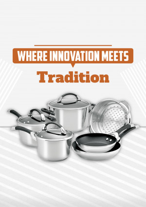 A collection of stainless steel cookware including pots, pans, and lids.