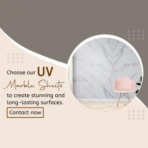 Advertisement for UV Marble Sheets with a modern interior design featuring a marble wall and pink chair.