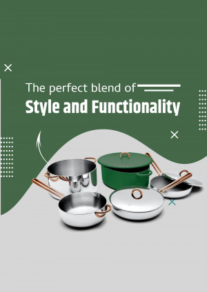 A collection of stainless steel and green cookware with copper handles.