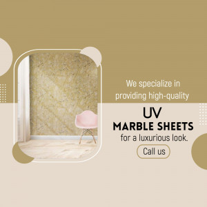 UV marble sheets displayed in a modern interior setting with a pink chair and light wood flooring.