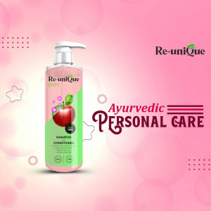Re-unique Ayurvedic Shampoo and Conditioner bottle with apple and herbal design