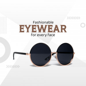 Round frame sunglasses on a white background with text 'Fashionable Eyewear for every face'