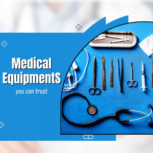 A flat lay of various medical instruments and equipment on a blue background.