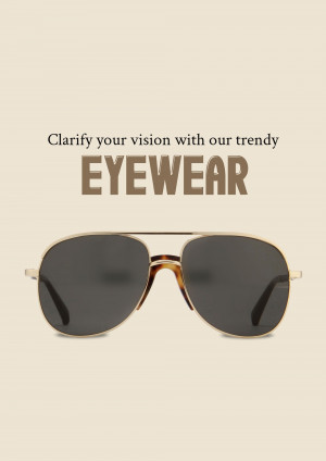 Close-up of stylish aviator sunglasses against a beige background with text promoting eyewear.