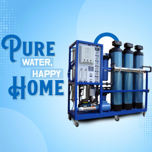 Image of a blue RO water purification system with the text 'Pure Water, Happy Home'