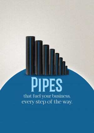 Stack of black plastic pipes with the word 'PIPES' and tagline