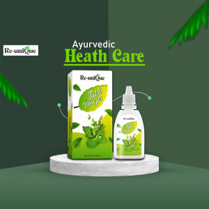 Re-unique Tulsi Drops and Ayurvedic Health Care product packaging on a white platform.