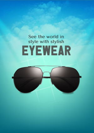 A pair of sunglasses against a blue gradient sky background with text promoting eyewear.