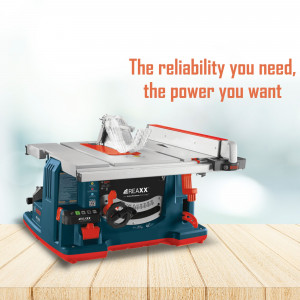 REAXX Table Saw on a wooden surface with text overlay