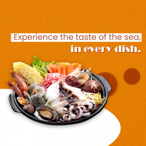 A vibrant image of a seafood hot pot with various shellfish, meat, and vegetables.