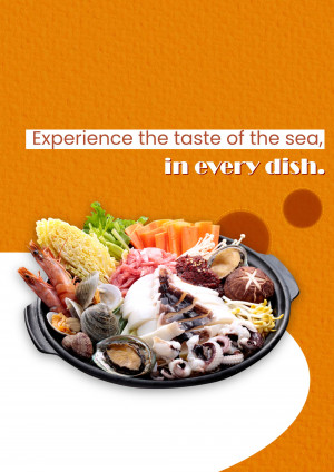 A vibrant overhead shot of a seafood hot pot with various shellfish, vegetables, and a promotional text overlay.
