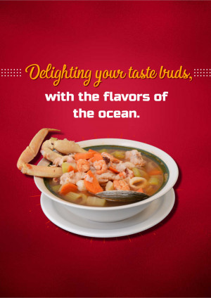 A bowl of delicious seafood soup with crab, shrimp, and squid.