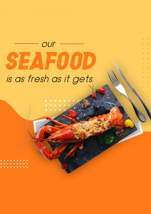 A vibrant promotional image featuring a cooked lobster on a slate plate with cutlery, advertising fresh seafood.