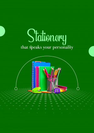 Stationery items including notebooks, pencils, pens, and a stapler on a green background.