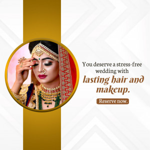 Indian bride with elaborate makeup and jewelry, promoting wedding hair and makeup services.