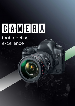 Black DSLR camera with the word CAMERA in bold letters