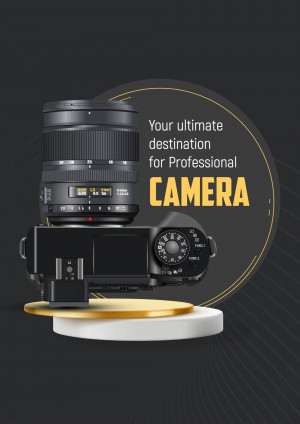 A digital SLR camera and lens displayed on a pedestal with text promoting professional cameras.
