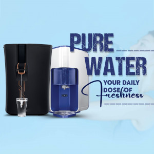 Image of a water dispenser with the text 'Pure Water' and 'Your Daily Dose of Freshness'