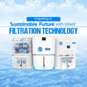 Three water filtration systems against a blue background with text promoting sustainability.