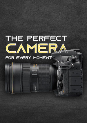 DSLR camera with lens on a dark background