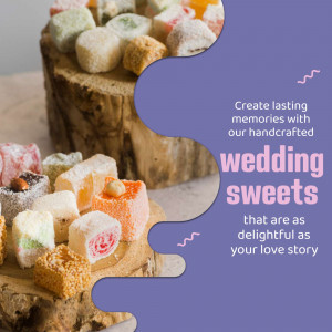 Assortment of colorful Turkish delights arranged on a wooden surface with wedding sweets text overlay