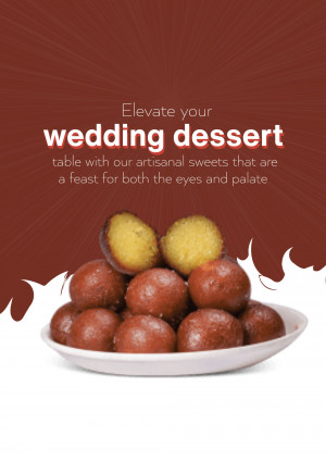 A plate of golden-brown Gulab Jamun with a red and white background and text promoting wedding desserts.