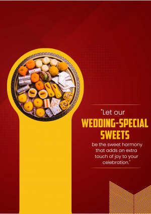 Assortment of Indian sweets on a decorative plate with wedding themed text.