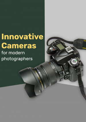 Black DSLR camera with lens and strap on a grey surface