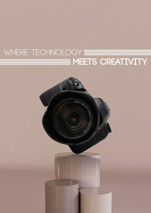 A DSLR camera floating above geometric shapes on a beige background with text 'Where Technology Meets Creativity'.