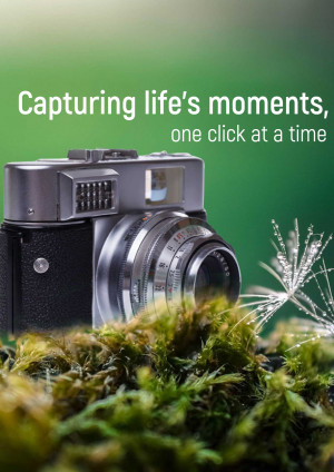Close-up of a vintage camera with dew-covered foliage