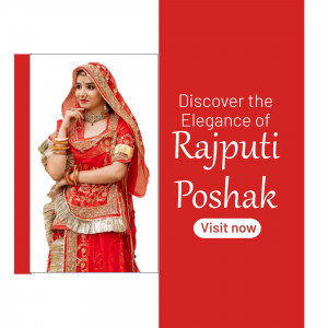 A woman in traditional Rajputi attire with a call to action to visit now.