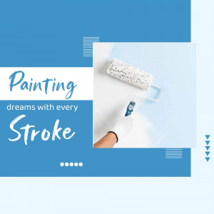 Paint roller and hand painting a wall with blue paint
