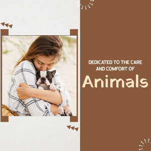 Woman hugging a French Bulldog with text 'Dedicated to the care and comfort of Animals'