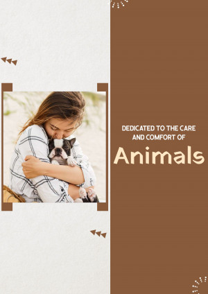 Woman hugging a French Bulldog with text 'Dedicated to the care and comfort of Animals'