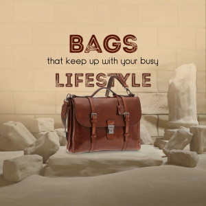 Brown leather messenger bag on a stone surface with text 'Bags that keep up with your busy lifestyle'