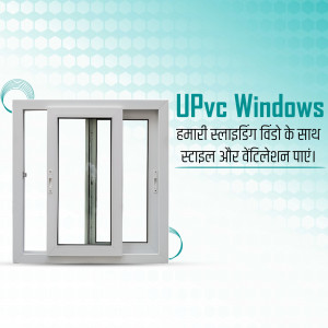 White UPVC sliding window with text in Hindi