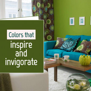 A vibrant living room with a turquoise sofa, brown and teal patterned pillows, and green walls.