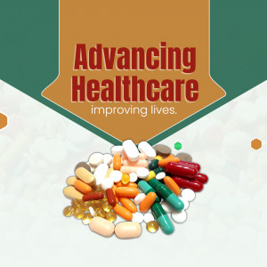 Pills and capsules with the text 'Advancing Healthcare improving lives.'
