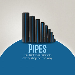 Stack of black pipes with blue stripes on a blue background with the word 'PIPES'