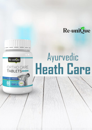 Bottle of Re-uniQue Ortho Care Ayurvedic Tablets with health benefits illustration
